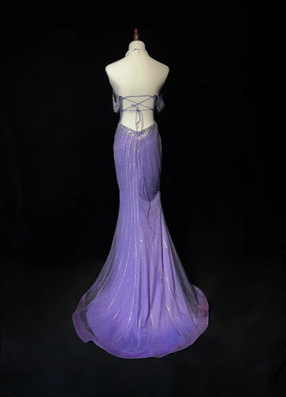 Glitzer Abschlussballkleider Meerjungfrau Sweetheart Flieder Tüll mit Perlen Rückenfrei Langes Abendkleid N3888