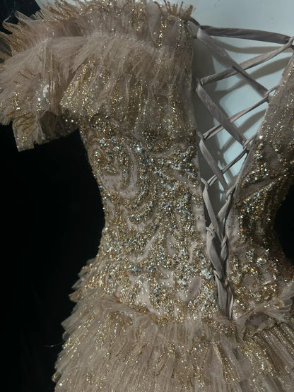 Vintage-Abschlussballkleider A-Linie Spaghettiträger Goldspitze mit Ärmeln 80er-Jahre-Abend-Formales Kleid RB3268