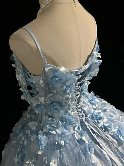Magnifique robe de bal de promo en tulle bleu, style princesse, avec des appliqués, décolleté épaules dénudées, longue robe de soirée N2926