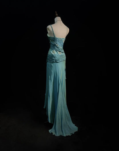 Vintage Abschlussballkleider A-Linie 2000er Spaghettiträger Blau Chiffon Mit Perlen Spitze Langes Abendkleid N2459
