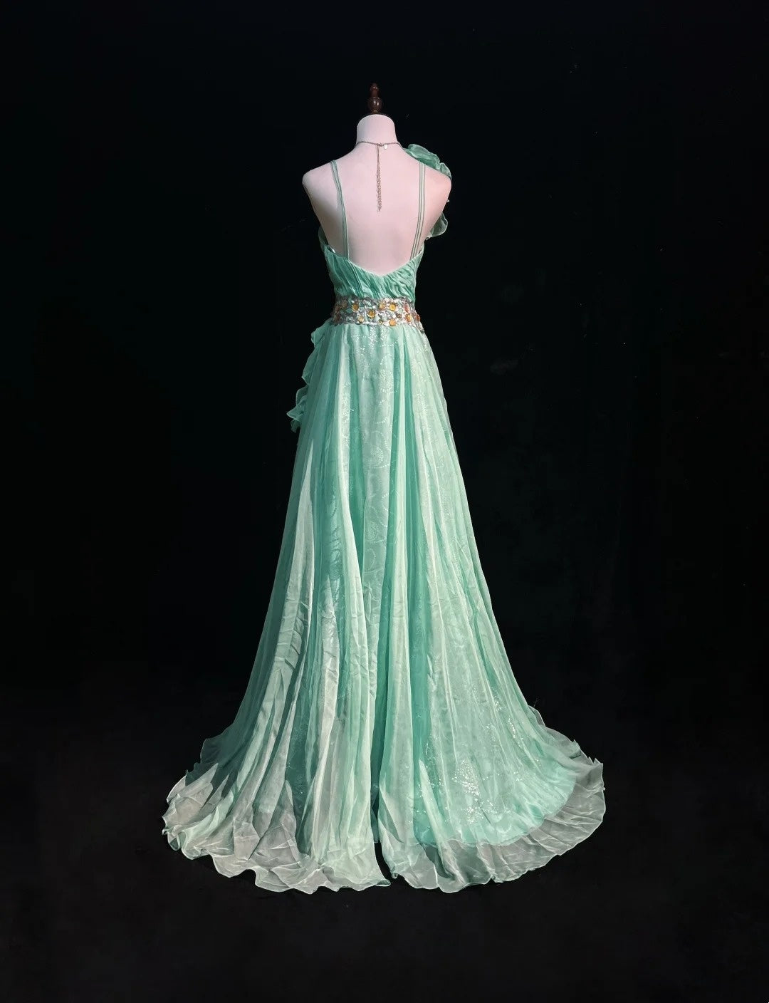 Vintage Prom Dresses A-Linie One-Shoulder Mintgrün 70er Jahre mit Rüschen Chiffon Langes Formelles Partykleid N2525