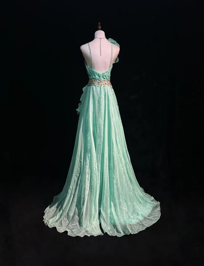 Vintage Prom Dresses A-Linie One-Shoulder Mintgrün 70er Jahre mit Rüschen Chiffon Langes Formelles Partykleid N2525