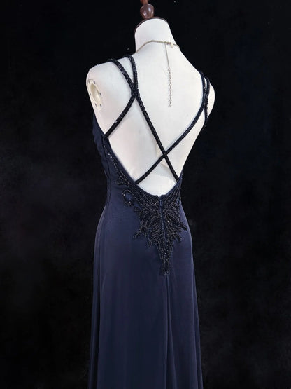 Robes de bal vintage des années 80, coupe trapèze, fines bretelles, en satin bleu marine, longues avec perles, tenues de soirée N3133