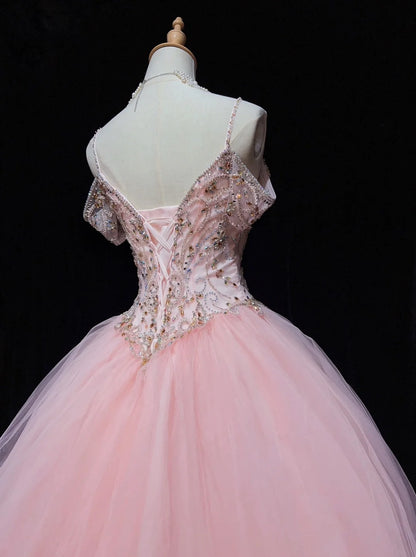 Princess Prom Dresses Inspo Ball Gown Pink Tulle Long With Beading Formal Gowns N3392