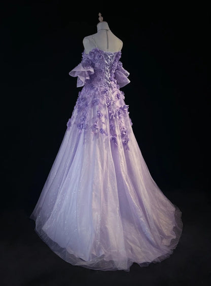 Robes de bal de princesse avec fleurs 3D, épaules dénudées, lilas, tenues de soirée formelles N3894