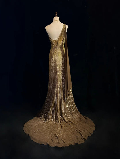 Vintage Mermaid 2000s One Shoulder Gold Sequin Formal Dress Long Sparkly Prom Dresses N2574