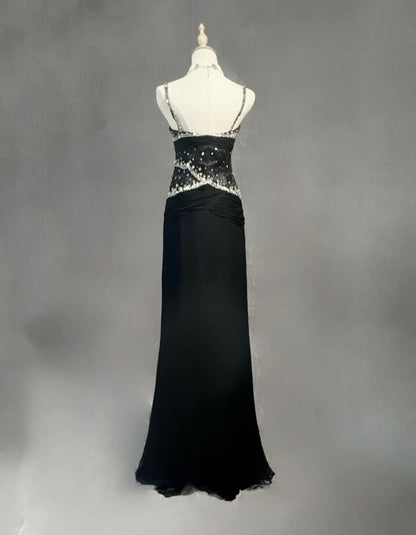 Bescheidene Ballkleider Meerjungfrau Spaghetti-Träger Schwarz Krawatte Chiffon mit Perlen Abendkleid N3857