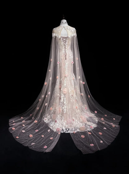 Vintage Prom Dresses Inspo Mermaid Scoop Pink Lace 1990s With Flowers Cape Formal Gowns N3317