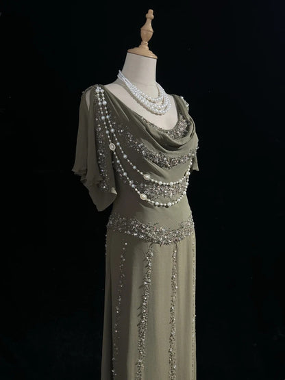Vintage Prom Dresses A-Linie Cowl Neck Chiffon mit Perlen 80er Jahre Abendkleid Ballkleid RB3273