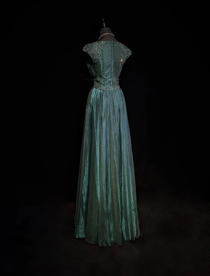 Vintage Abschlussballkleider A-Linie Rundhalsausschnitt Dunkelgrün Tüll Mit Perlen 90er Jahre Abendkleid N2590