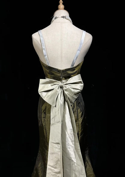 Vintage Prom Dresses Inspo Meerjungfrau Spaghettiträger Olivgrün Lang 1990er Mit Cape Formelle Kleider N3327