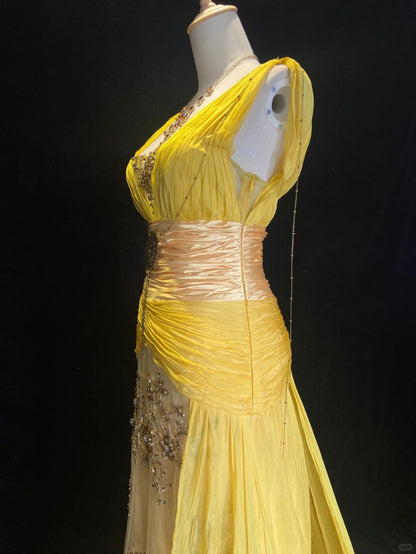Modest Prom Dresses Mermaid V Neck Yellow Chiffon With Beading Gold Lace Long Formal Evening Dress N3867