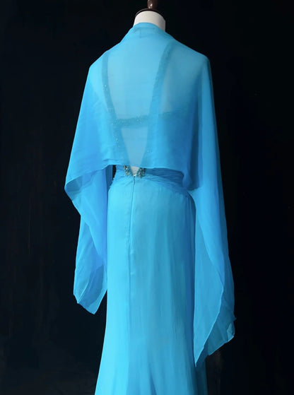 Vintage Abschlussballkleider A-Linie Neckholder Blau Chiffon mit Perlenverzierung Cape Formelle Abendgarderobe N3853