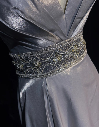 Robes de bal modestes trapèze à fines bretelles en satin gris, longues tenues de soirée formelles N3617