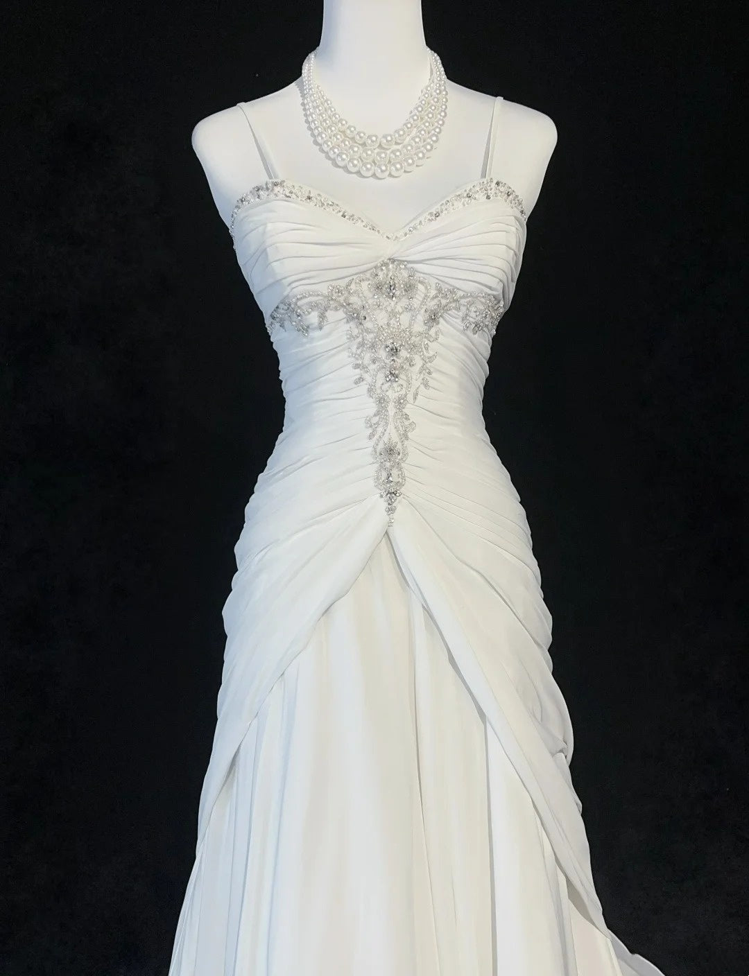 Zeitlose Brautkleider Meerjungfrau Spaghettiträger Weiß Chiffon Mit Schal Langes Brautkleid N3063