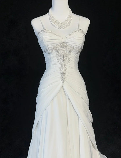 Zeitlose Brautkleider Meerjungfrau Spaghettiträger Weiß Chiffon Mit Schal Langes Brautkleid N3063