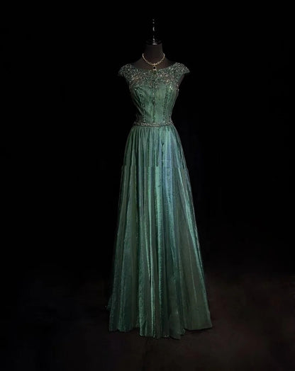 Vintage Prom Dresses A line Scoop Emerald Green Satin Long 2000s Party Evening Formal Gown RC1142