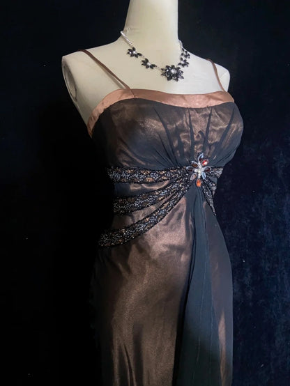 Robes de bal vintage Bretelles fines Sirène Satin marron Mousseline noire Longues tenues de soirée N3861