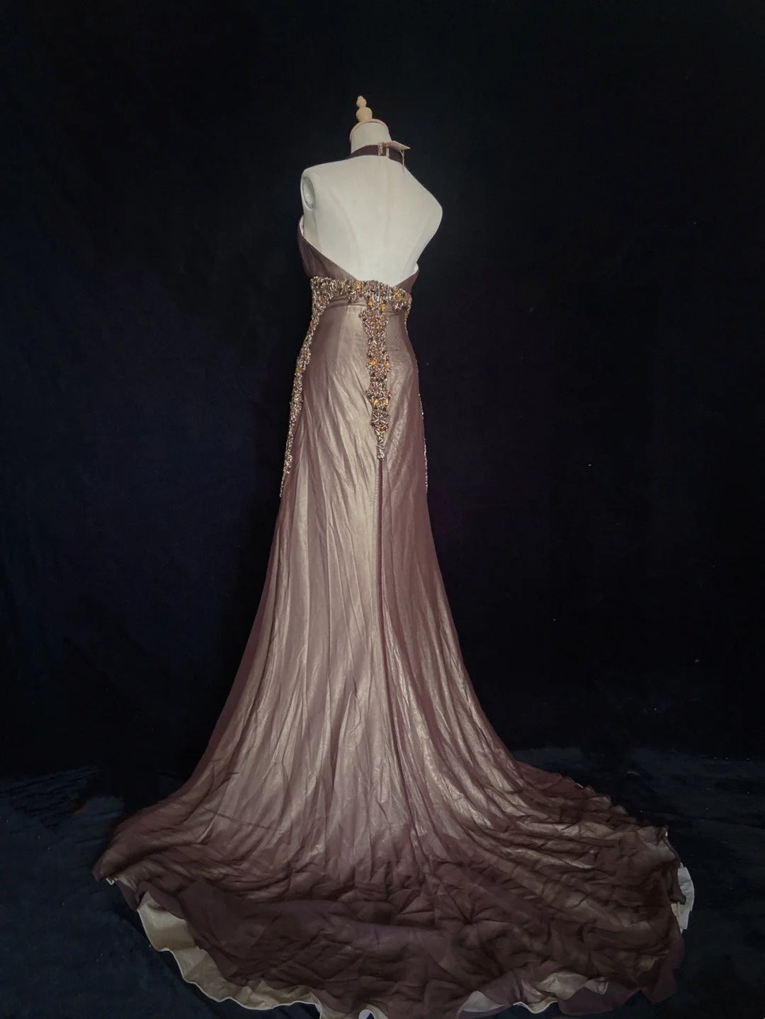 Vintage Ballkleider Inspo Meerjungfrau V-Ausschnitt Braun Satin Lang 1990er Mit Perlen Festliche Kleider N3352