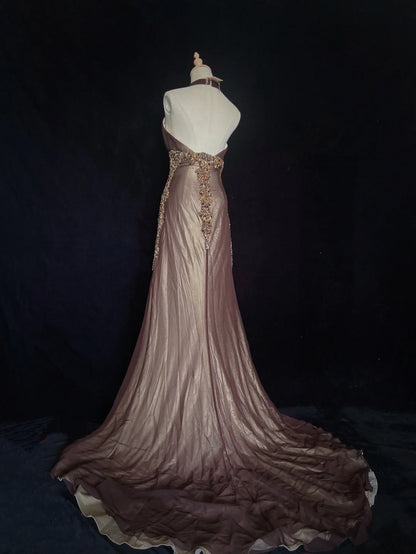 Vintage Ballkleider Inspo Meerjungfrau V-Ausschnitt Braun Satin Lang 1990er Mit Perlen Festliche Kleider N3352