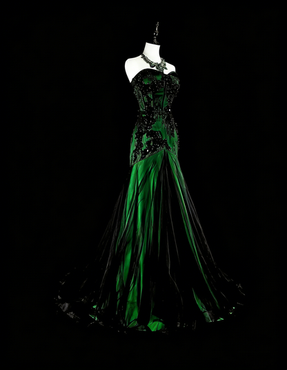 Robe de bal longue sirène modeste en tulle noir et satin vert ornée d'appliques, N1848