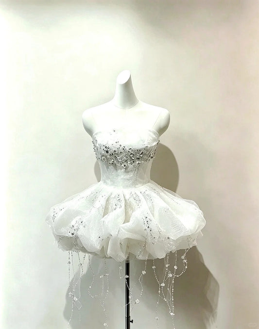 Pretty Ball Gown Strapless White Organza Mini Short Cocktail Homecoming Dresses Ideas Hoco Outfits RB4902