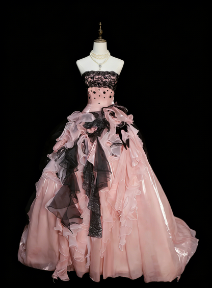 Robe de soirée bustier rose en tulle avec volants à plusieurs niveaux, longues robes de bal N2242