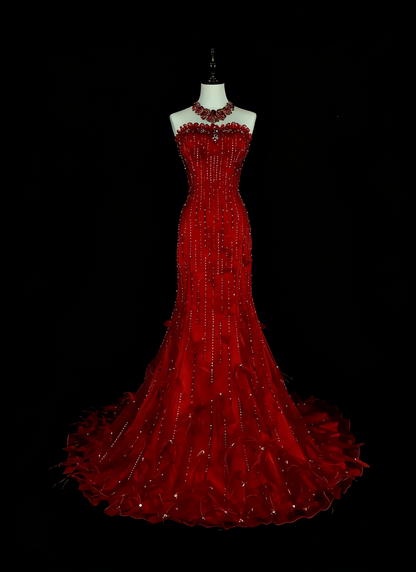 Robe de bal longue rouge sirène bustier vintage années 2000 avec perles argentées N1356
