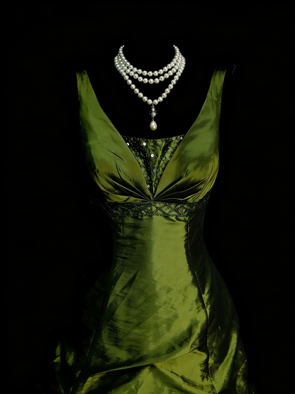 Robe de bal vintage esthétique années 60 style rétro col en V vert olive longue robe de soirée N2133