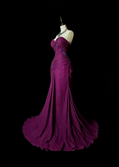 Robe de bal d'été vintage sirène à décolleté bustier orné de perles violettes, longue, idéale pour la plage ou les soirées formelles printanières (N1420)