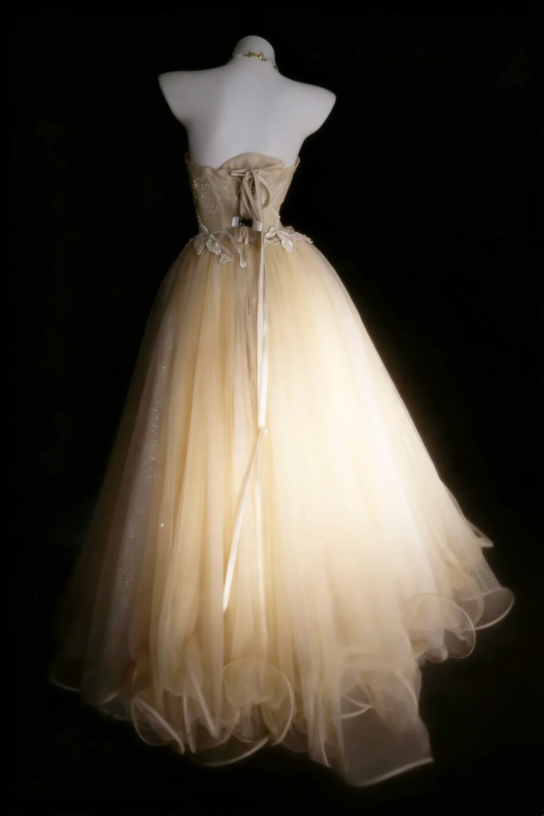 Modestes Robes De Bal De Promo Sans Bretelles En Tulle Champagne Avec Robe Longue De Quinceañera Appliquée N2973