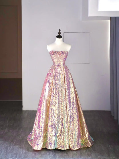 New Ball Gown Strapless Sequins Short Sleeves Long Prom Dresses For High School Teens Girls Formal Bridesmaid Dress N1072