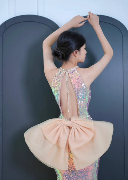 Robe de bal longue sirène à sequins, dos nu, style modeste, pour lycéennes et adolescentes, tenue de soirée de fin d'année AB2525