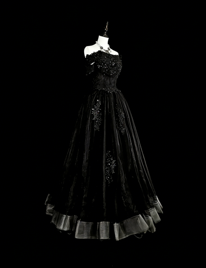 Robe de bal vintage esthétique pour le bal des années 70 Robe de soirée longue en tulle noir bustier N2152