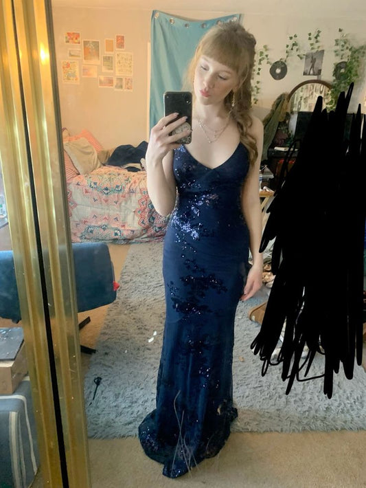 Elegantes Meerjungfrauen-Abendkleid für Damen, Spaghettiträger, marineblau, Pailletten, Partykleid zum 18. Geburtstag, N1513