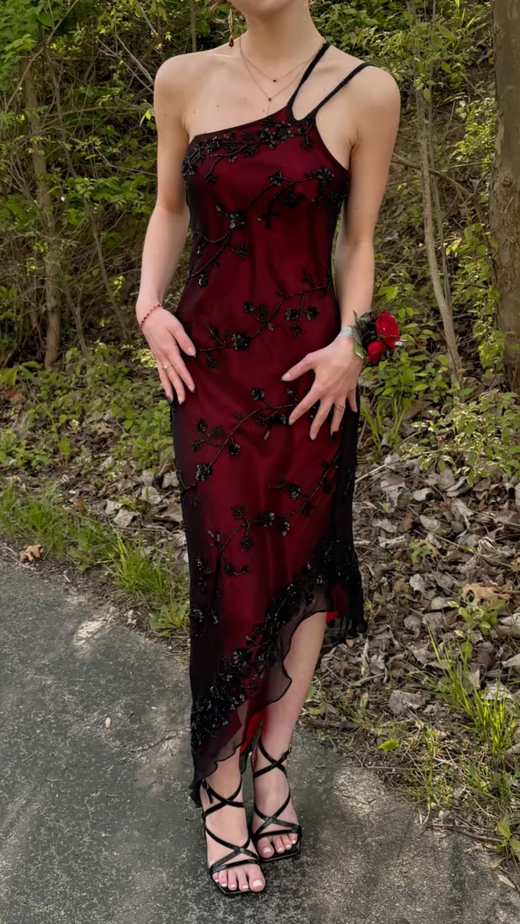 Vintage Prom Dresses Sheath One Shoulder 90s Sleeveless Burgundy Black Evening Formal Dress RB3022