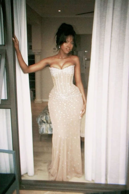 Robe de soirée sirène longue à paillettes champagne sexy AB1626