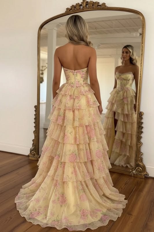 Gelbes, trägerloses Chiffon-Abendkleid in A-Linie mit Blumenmuster N1505