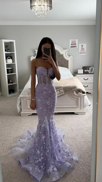 Elegantes Meerjungfrauen-Abendkleid mit lila Spitzenapplikationen, formelles Kleid, Abendkleid N1502