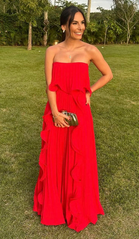 Einfaches, trägerloses, ärmelloses, langes Chiffon-Abendkleid in A-Linie, rotes Ballkleid für Hochzeitsgäste, elegantes Abendkleid AB230