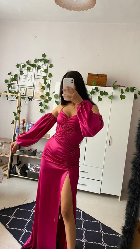 Modest Mermaid Spaghetti Strap Hot Pink Satin Slit Prom Dresses Sleeveless Long Formal Party Gown AB340