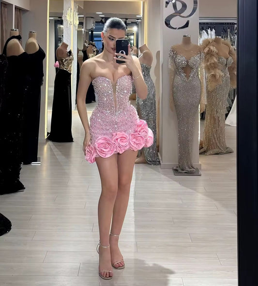 Sexy Sheath Sweetheart Pink Sequin Short With Beading Homecoming Dress Mini Party Dresses RB6822