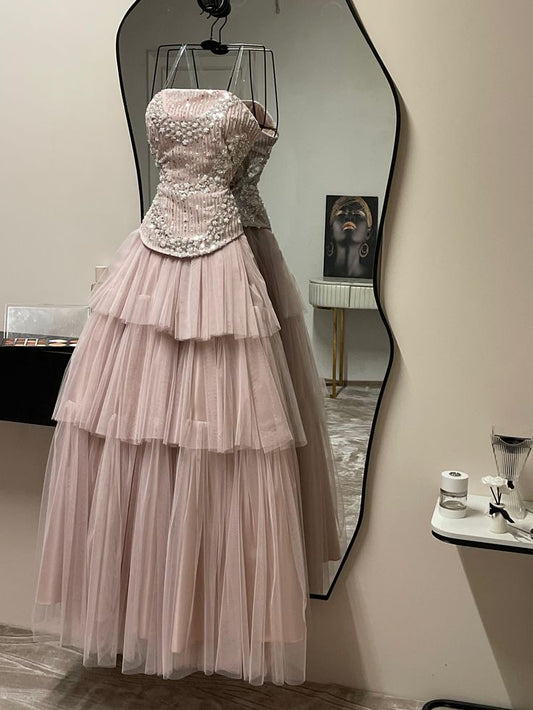 Ball Gown Strapless Tiered Ruffled Tulle Long Prom Dress Pink Evening Dresses Sweet 15 16 Gown AB1756