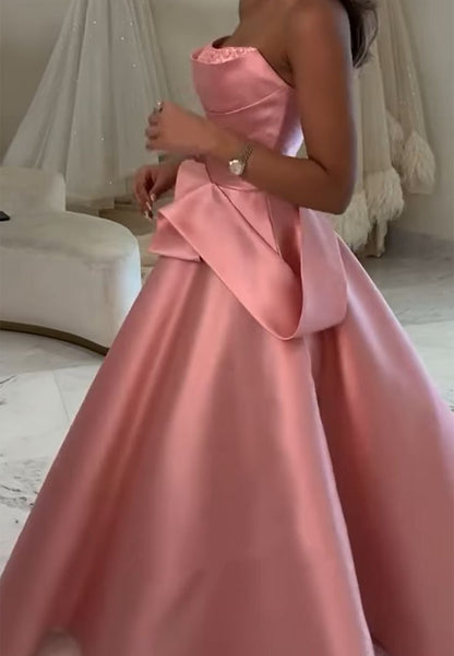 Robe de bal bustier droite plissée en satin rose, idéale pour les 15 et 16 ans (AB1758)