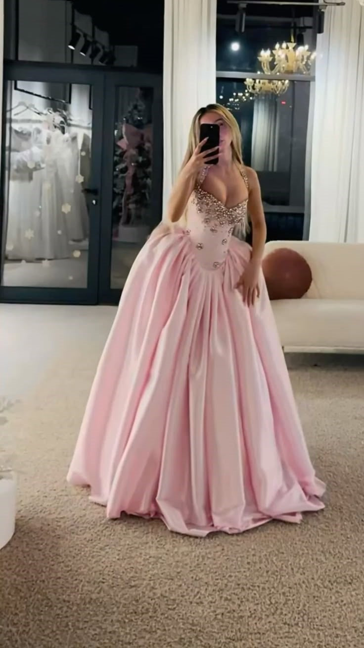 Pink Evening Gown | Aesthetic Princess Prom Dress Fairytale Ball Gown Halter Long Floor Length Formal Dresses RC1321