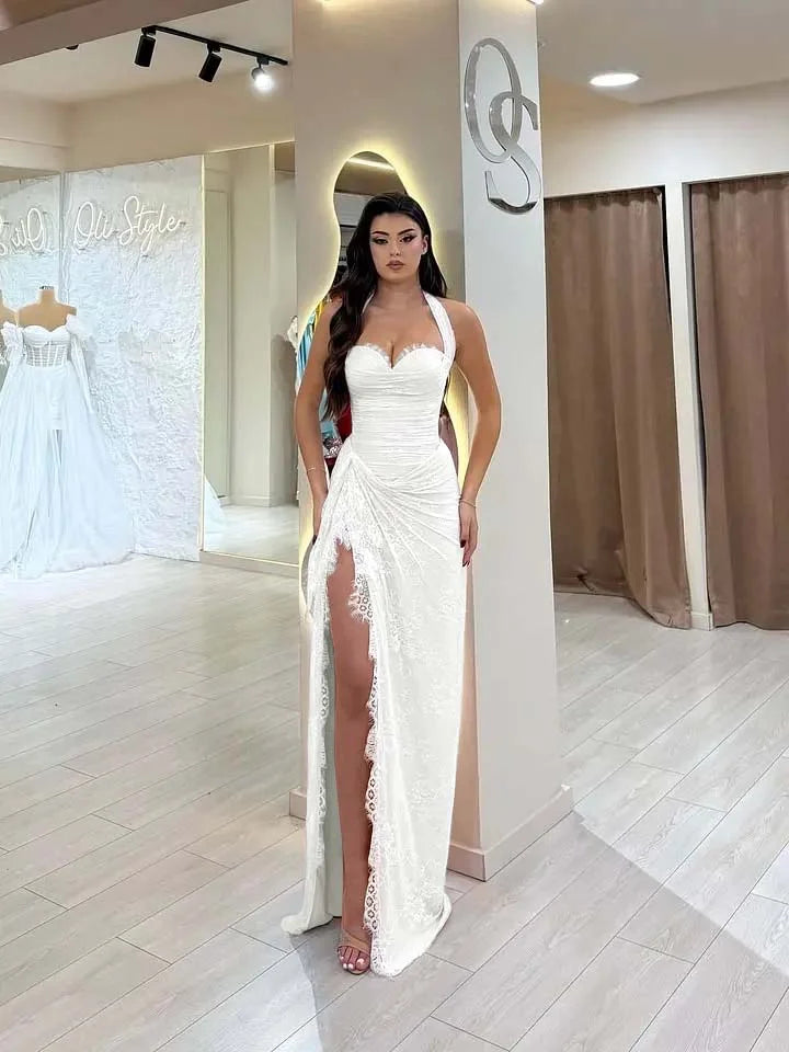 Beautiful Pink Sweetheart Halter Sleeveless Lace Prom Dress Mermaid With Side Split Graduation Dress B551