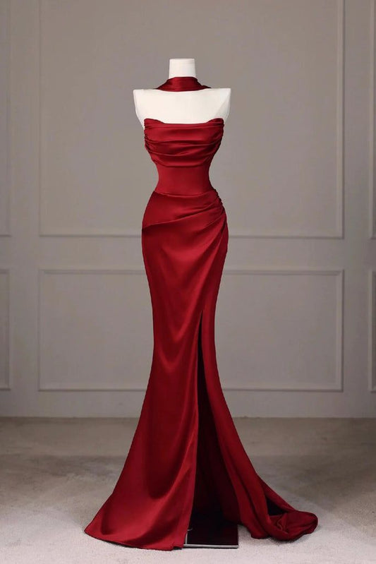 Simple Mermaid Strapless Satin Burgundy With Slit Formal Gowns Evening Maxi Prom Dress Bodycon For Women Party Outfits AB1228