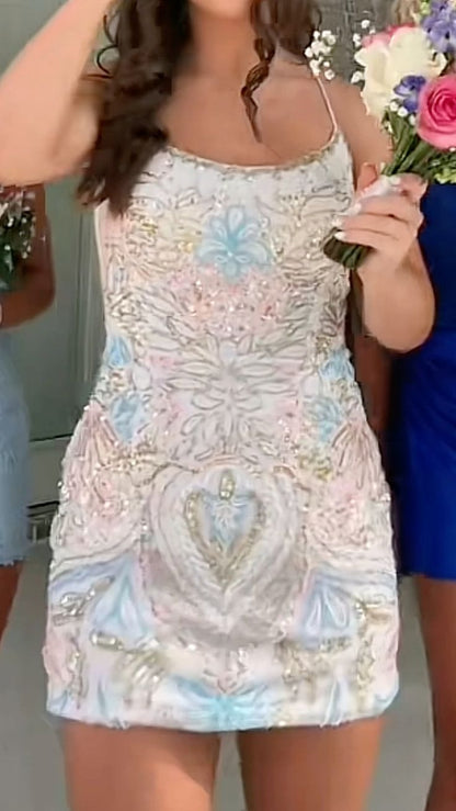 Sparkly Sheath Spaghetti Strap Sequined Sleeveless Short Homecoming Dresses Senior High School For Teens Ideas Inspo Short Hoco Court Gowns RB7287
