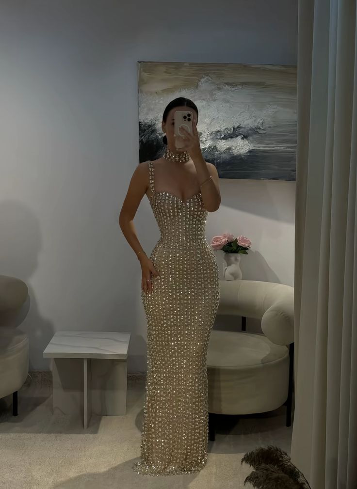 Elegantes, champagnerfarbenes Meerjungfrauen-Abendkleid mit Spaghettiträgern und Perlenbesatz, figurbetont, langes formelles Ballkleid, 16. Geburtstagskleid AB1229
