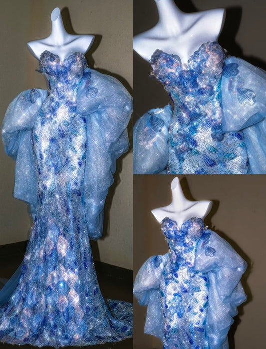 Glittery Mermaid Sweetheart Blue Glitter Corset Gown Sequin Long Prom Dresses Impress Birthday Outfits Evening Gowns RB8940